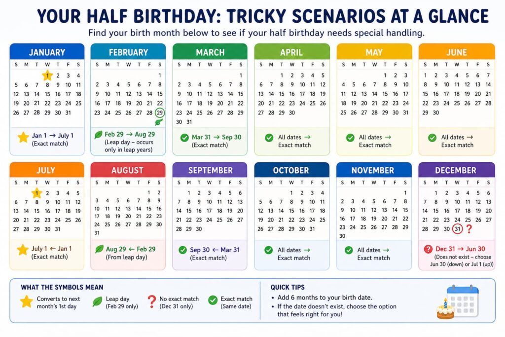 half birthday calculator Tricky scenario at a glance